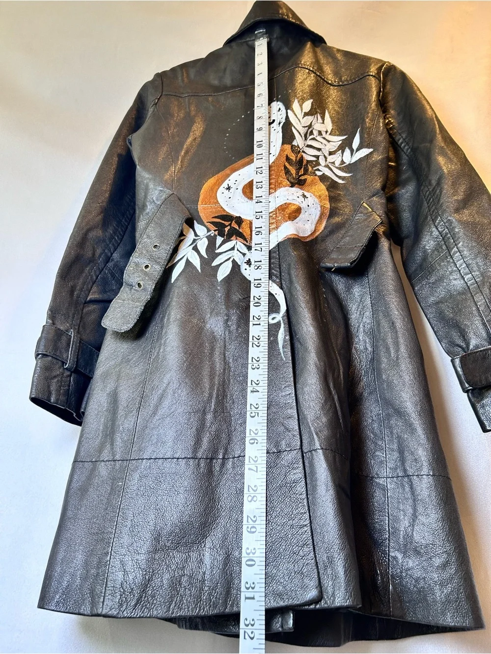 Y2K Le Château Black Leather Trench Coat Painted Back Graphic 90’s Grunge Size S - Picture 3 of 14
